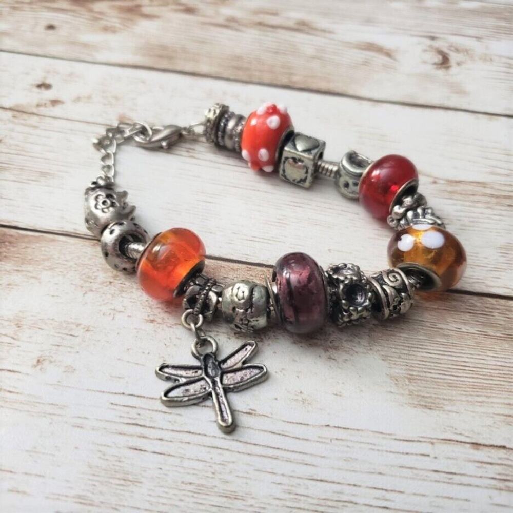 Vintage Dragonfly Charm Bracelet Silver Tone & Orange/Red Beads